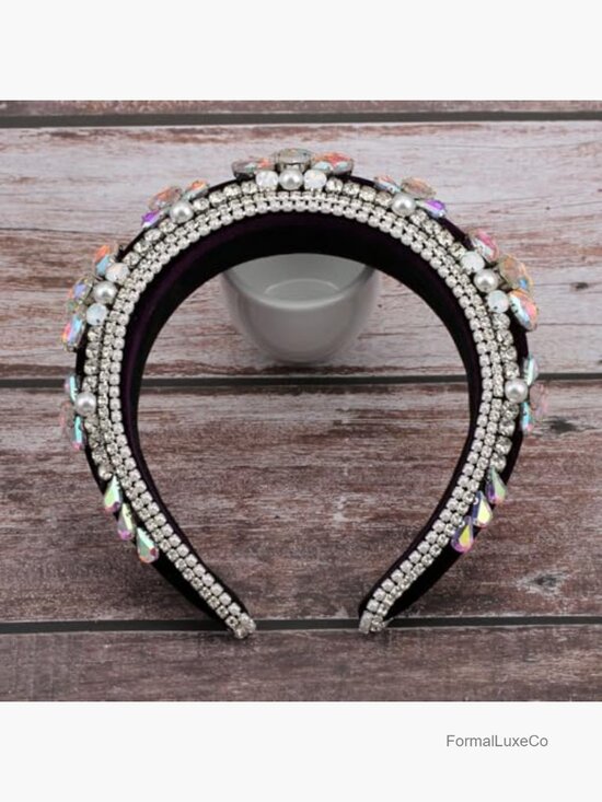 Baroque Crown Headband Embellished Crystal Pearl Padded Velvet Hair Accessory